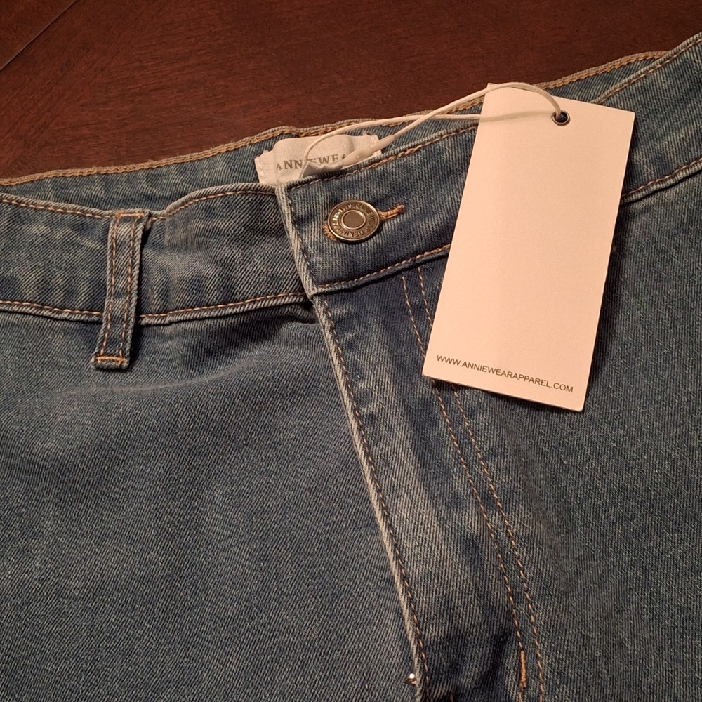 Annie Wear High Rise Wide Leg Stretchy Cropped Denim Blue Jeans Women Size Large - Picture 7 of 16